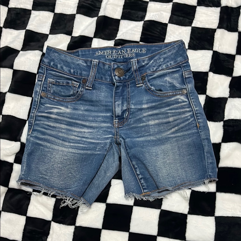 American Eagle Outfitters Blue Jean Shorts with Distressed Details
